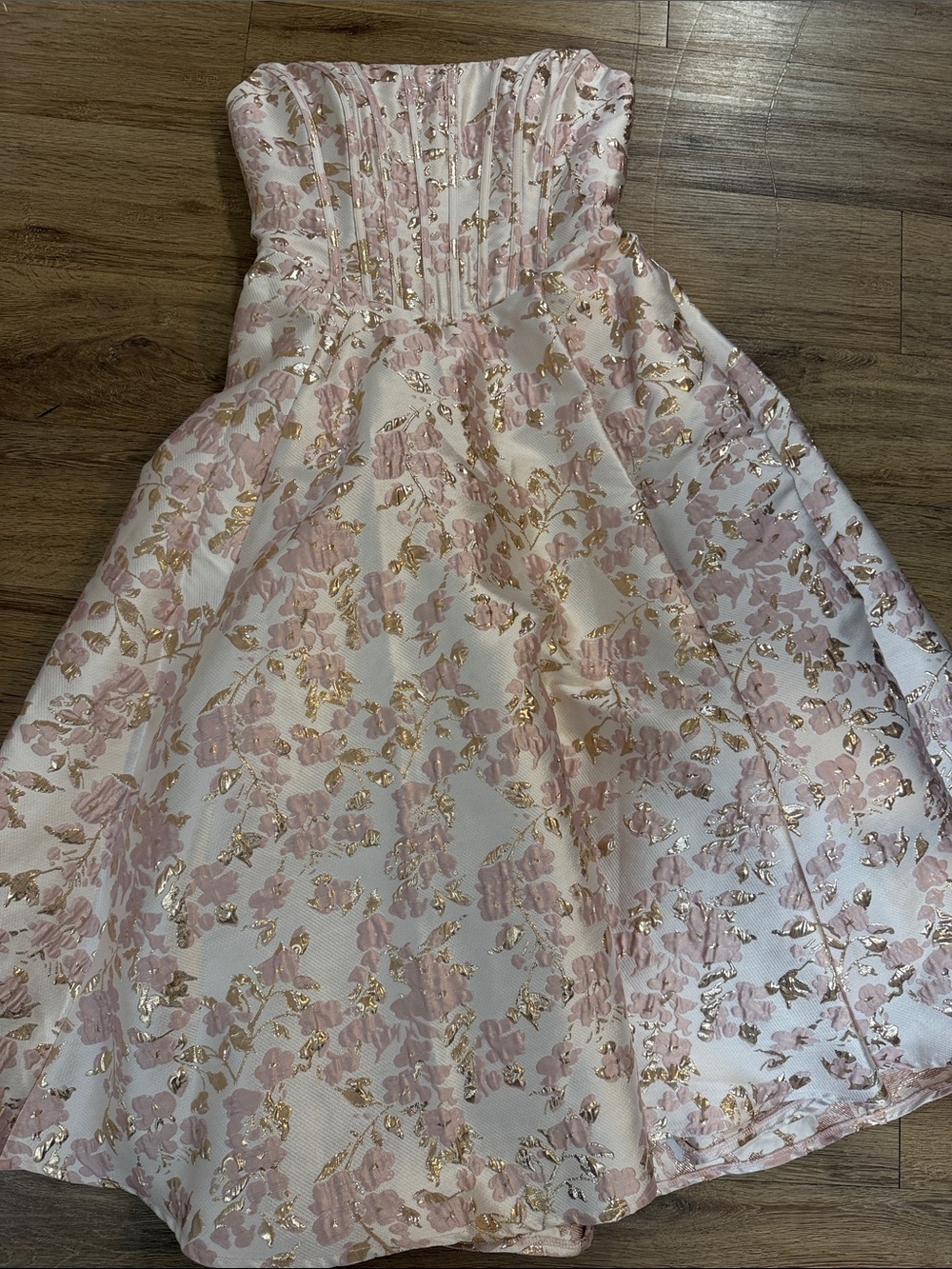 Strapless Pink  formal Dress with Gold Floral Accents